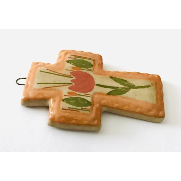 Small Hecho En Mexico Ceramic Cross Spring Tulip Orange Handmade 3" Wall Decor - Picture 4 of 6